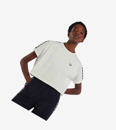 Fred Perry Cropped Taped Ringer T Shirts & Toppe Dame Hvide | 038427-HBT