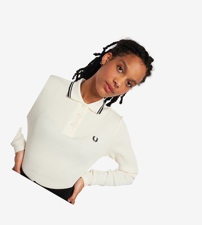 Fred Perry Long Sleeve Ribbed Polo Shirt Dame Mørkeblå | 861793-EYK
